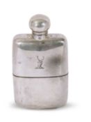 Edwardian silver spirit flask of curved rectangular form with detachable beaker base bearing a