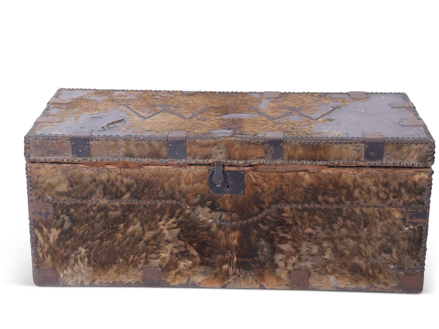 19th century pony skin mounted trunk of rectangular form, the lid with brass studded initials '