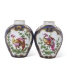 Pair of scale blue ground vases with panels of exotic birds in Worcester style, probably by