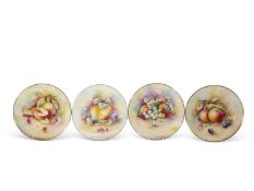 Group of four hand painted Minton fruit plates, signed by various artists including Plums, signed by