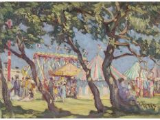 Thomas William Armes (British 1894-1963) Fairground, Beeston Common, Sheringham, Norfolk, Oil on