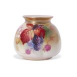 Squat Royal Worcester vase of lobed shape decorated with blackberries, signed by Kitty Blake, 8cm