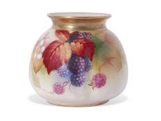 Squat Royal Worcester vase of lobed shape decorated with blackberries, signed by Kitty Blake, 8cm