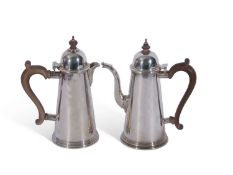 Elizabeth II cafe au lait set in Queen Anne style of tapering cylindrical form with domed lids,
