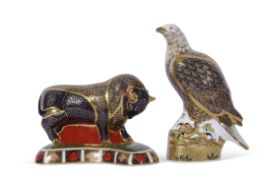 Two Royal Crown Derby paperweights, one modelled as a bull decorated in Imari colours with gold back