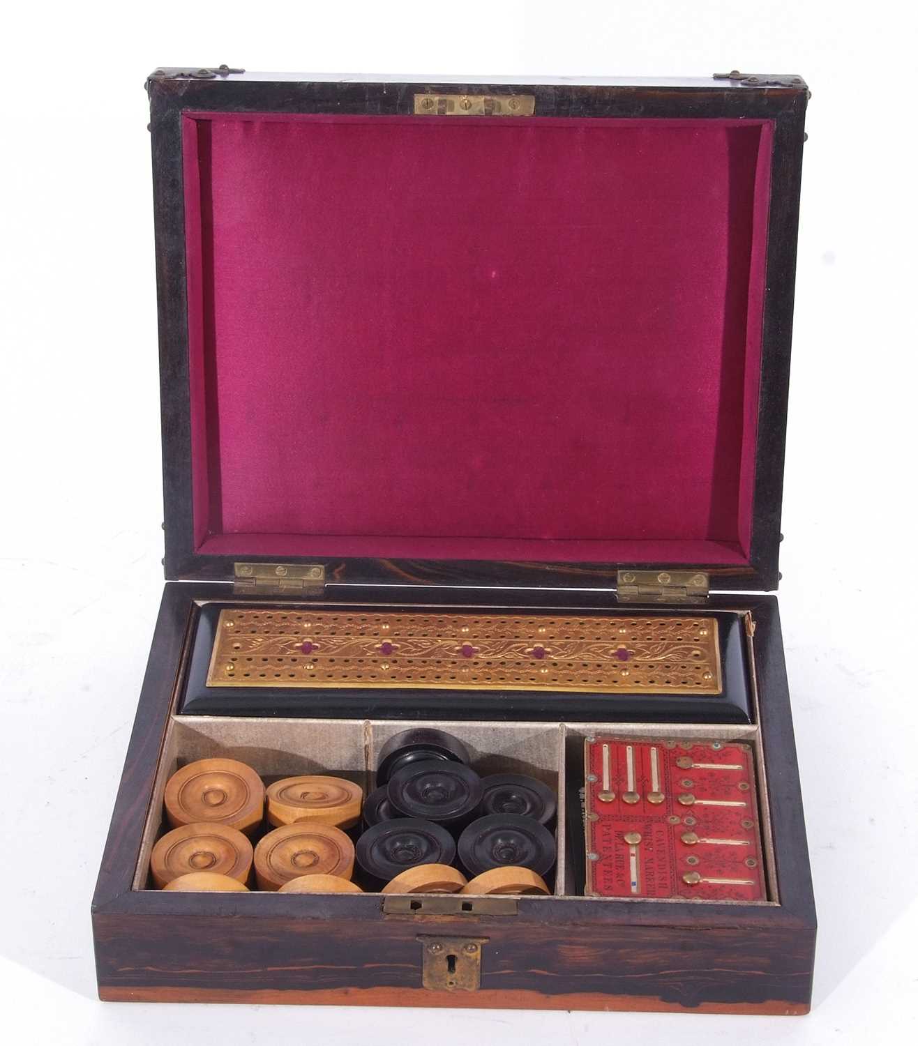 19th century coromandel games box, the lid decorated with brass playing cards and corner mounts, the - Image 3 of 5