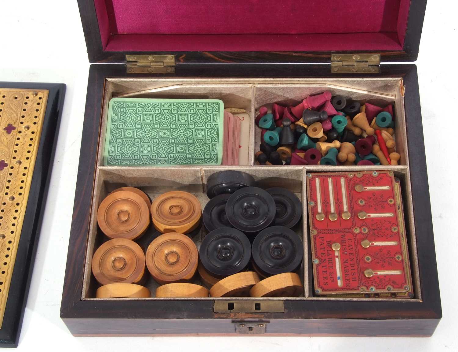 19th century coromandel games box, the lid decorated with brass playing cards and corner mounts, the - Image 4 of 5