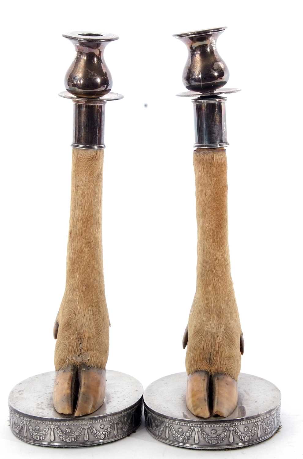 Pair of early 20th century novelty candlesticks, silver plated nozzles and mounts on the lower leg - Image 4 of 4