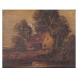 British, 19th Century, Figures at the riverbank with a cottage beyond , Oil on canvas. 7.5x9.5ins