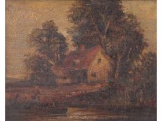 British, 19th Century, Figures at the riverbank with a cottage beyond , Oil on canvas. 7.5x9.5ins