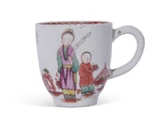 Lowestoft porcelain cup with a polychrome design of Chinese family against a fence with bird