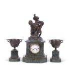 A good quality19th century French clock garniture, the clock set in a green marble case mounted with