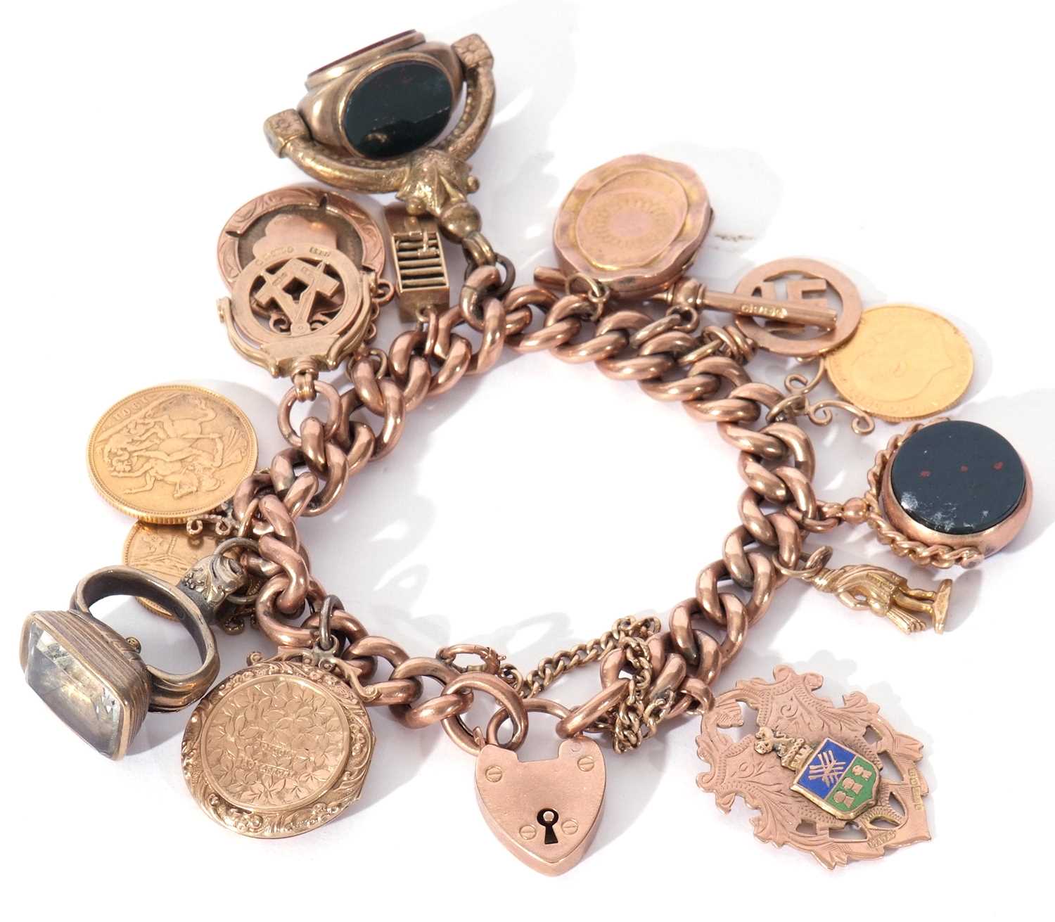 9ct rose gold curb link bracelet, suspending various charms and coins to include a Victorian - Image 2 of 4