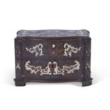 19th century ornate marquetry inlaid scent casket in the form of a serpentined commode, inlaid