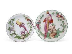 Chelsea plate decorated with an exotic bird standing on rock work together with a further Chelsea