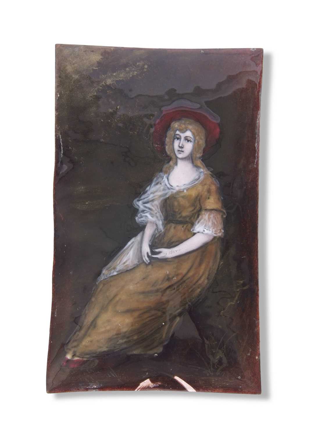 Unsigned convex enamelled and metal rectangular plaque depicting a young lady seated in landscape