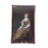 Unsigned convex enamelled and metal rectangular plaque depicting a young lady seated in landscape