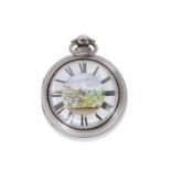 Gents second quarter of 19th century hallmarked silver paired case pocket watch, silver hands to a