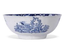 Large Lowestoft porcelain punch bowl circa 1780 decorated with a print of a lady with squirrel,