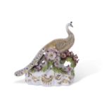 19th century Derby Stevens & Hancock model of a peacock on flower encrusted base with gilt