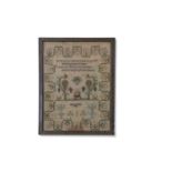 19th century needlework sampler decorated with central panel of a stag and animals under vines and