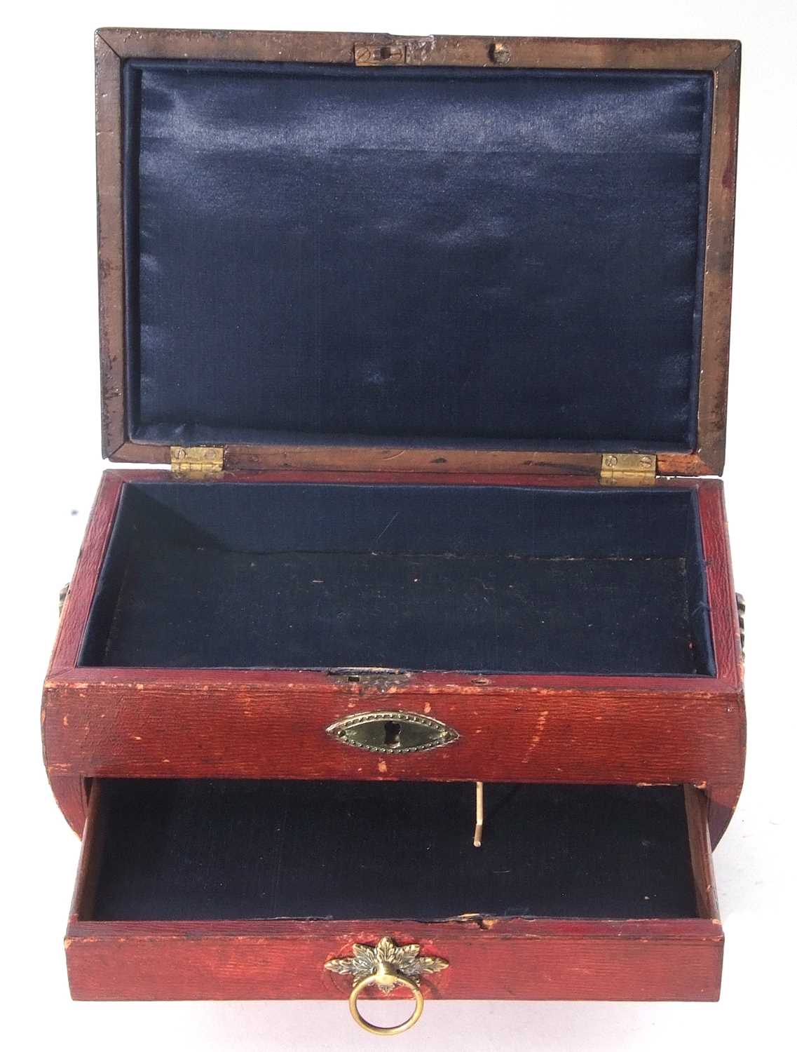 Regency red leather and brass embossed jewel box, hinged lid with silk lined interior, single drawer - Image 6 of 11