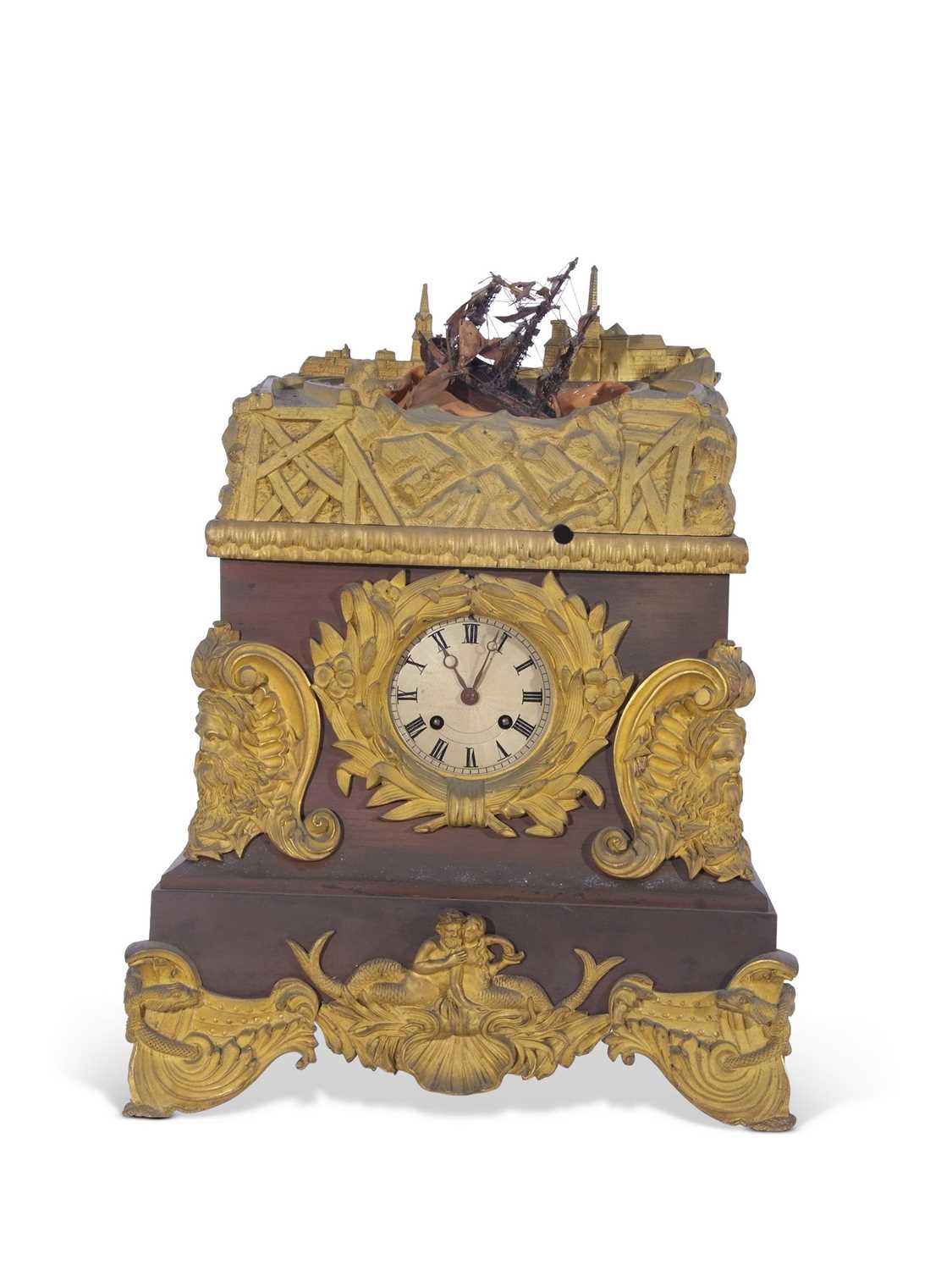 A monumental mid-19th century French rocking ship automaton clock, the silvreed 9cm dial with