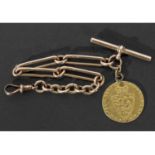 15ct gold watch chain with T-bar fitting with a 9ct gold clip, suspending a gold spade Guinea
