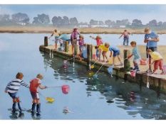 Lanyu Wang-Kemp (British/Chinese, contemporary) Crabbing at Walberswick, Watercoloour, Signed 10.5 x