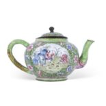 Small Canton enamel tea pot, the green ground decorated in enamel with flowers with a scene of