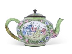 Small Canton enamel tea pot, the green ground decorated in enamel with flowers with a scene of