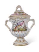 Chelsea porcelain type vase with intertwined handles painted with exotic birds, the base with gold