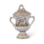 Chelsea porcelain type vase with intertwined handles painted with exotic birds, the base with gold