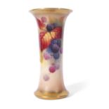 Royal Worcester cylindrical vase with everted rim, finely painted with blackberries, signed by Kitty
