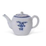 Unusual barrel shaped Lowestoft porcelain tea pot, the body moulded with a design of C-scrolls and