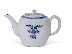 Unusual barrel shaped Lowestoft porcelain tea pot, the body moulded with a design of C-scrolls and