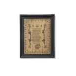 Early 19th century needlework sampler with large central panel of religious text surrounded by a