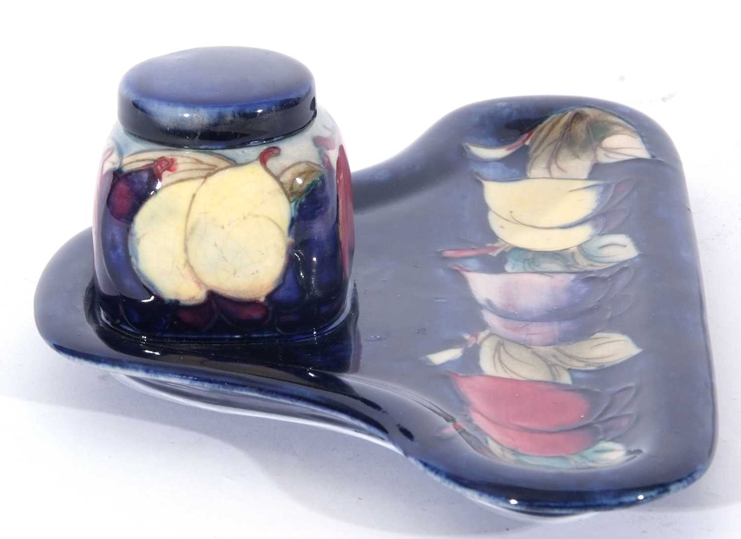 Mid-20th century Moorcroft pottery inkwell with the Wisteria pattern, stamp and signature to base, - Image 6 of 8