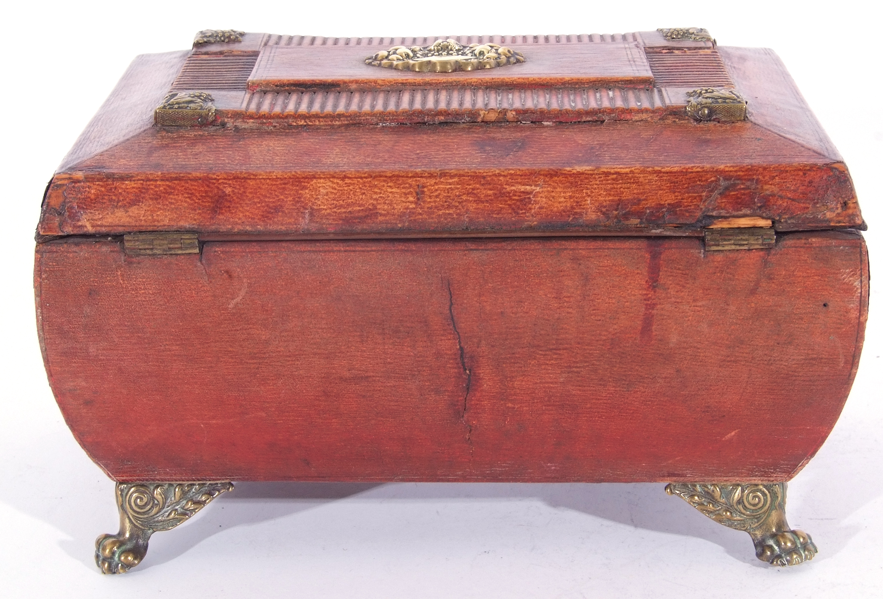 Regency red leather and brass embossed jewel box, hinged lid with silk lined interior, single drawer - Image 8 of 11