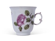 Mid-18th century Meissen chocolate cup, finely decorated in botanical style with a rose and