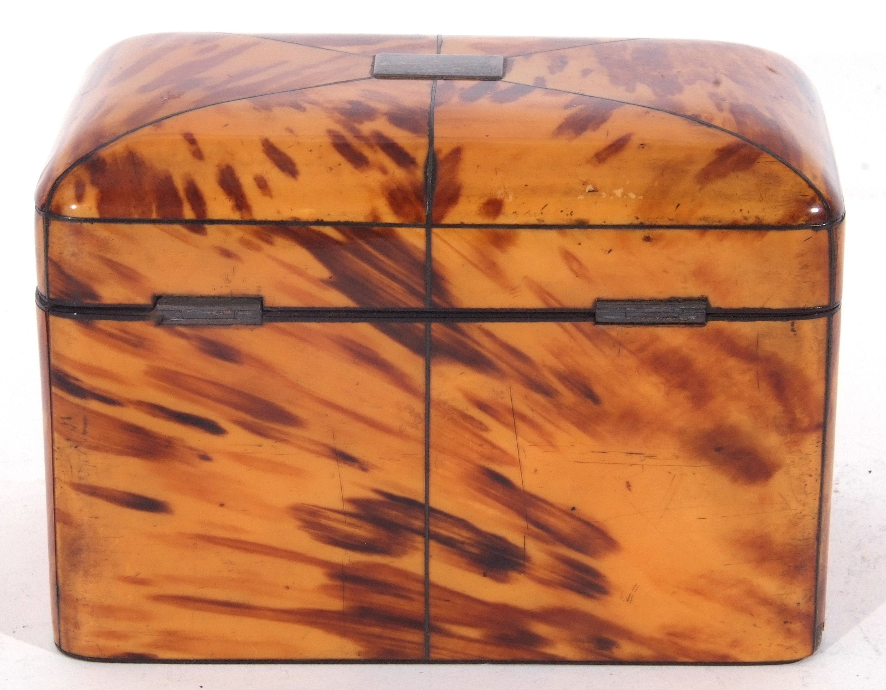 Mid-19th century tortoiseshell veneered tea caddy with pewter divisional inlays, the lid opening - Image 9 of 11