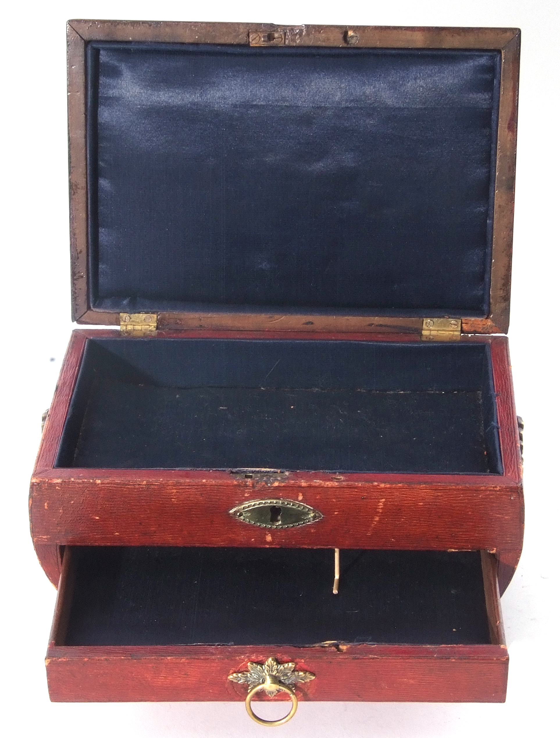Regency red leather and brass embossed jewel box, hinged lid with silk lined interior, single drawer - Image 11 of 11