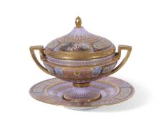 Vienna porcelain ecuelle cover and stand decorated with gilt and polychrome designs, the cover