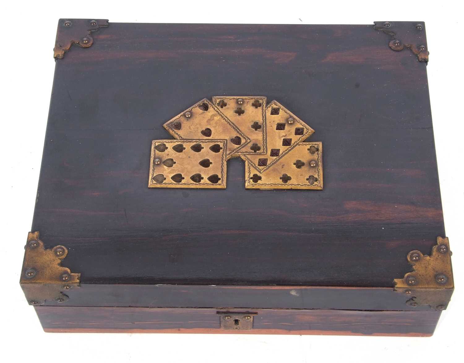 19th century coromandel games box, the lid decorated with brass playing cards and corner mounts, the - Image 5 of 5