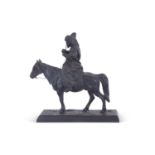 19th century spelter model of a bearded figure on horseback raised on a rectangular plinth base,