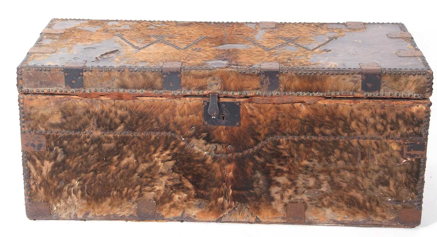 19th century pony skin mounted trunk of rectangular form, the lid with brass studded initials ' - Image 2 of 6