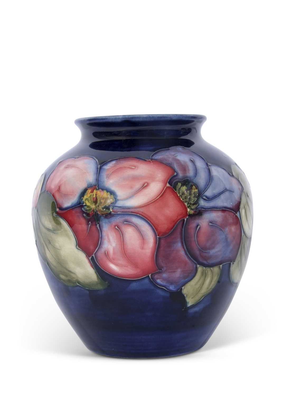 Moorcroft vase of bulbous form, mid-20th century, decorated with the anemone pattern on blue,