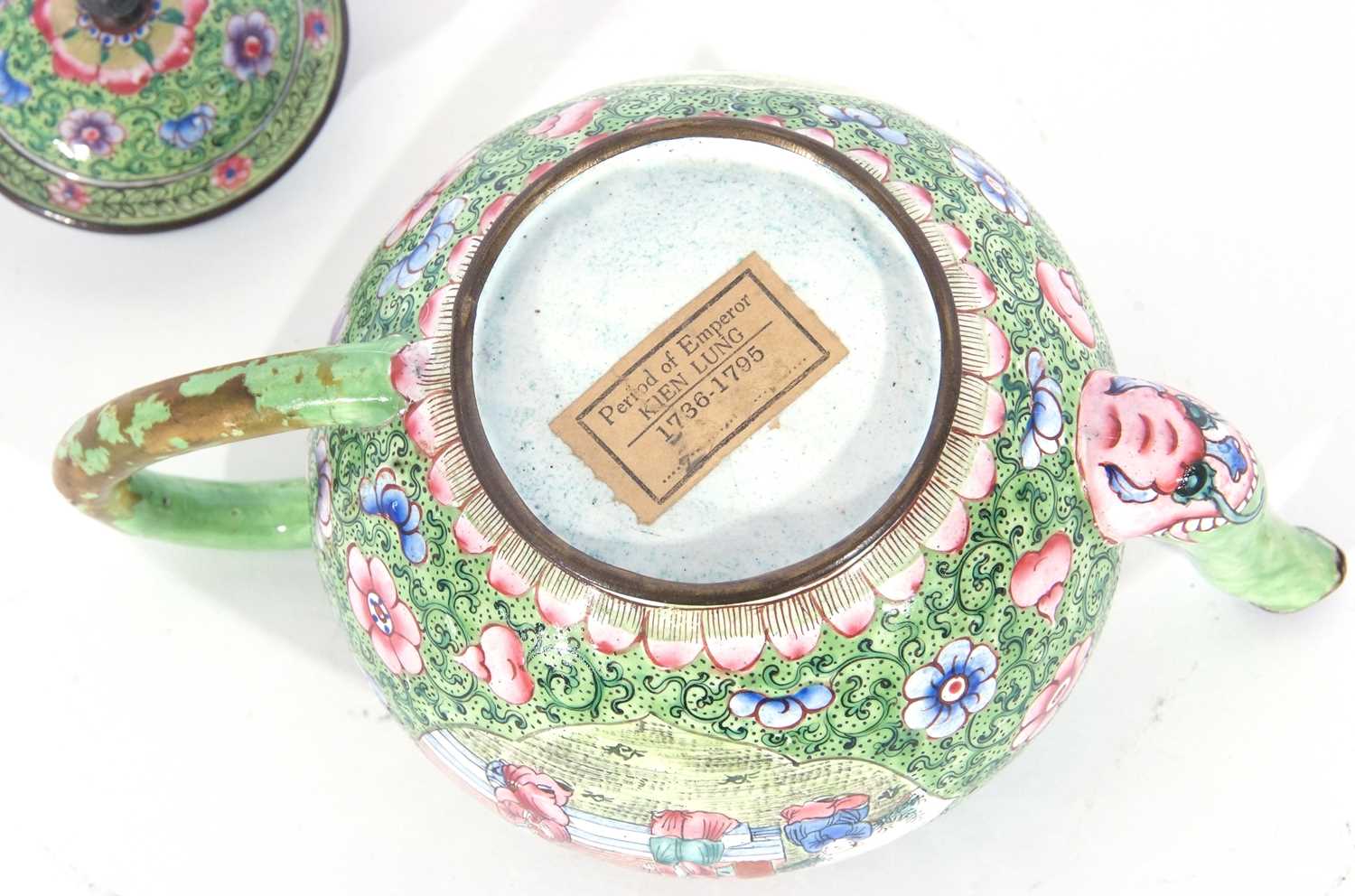 Small Canton enamel tea pot, the green ground decorated in enamel with flowers with a scene of - Image 6 of 6