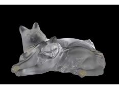 Lalique model of two cats, Happy and Heggie, in repose with original box, 14cm long