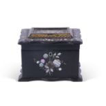 Victorian black lacquered and mother of pearl inlaid tea caddy, the hinged top opening to a two